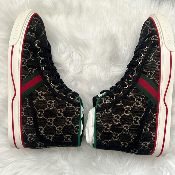 🆕💯% Auth Gucci Mens BLACK JACQUARD DENIM TENNIS 1977 HIGH-TOP SNEAKERS - Picture 7 of 15